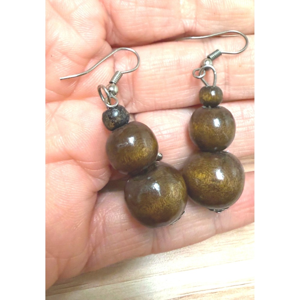 Vintage Brown Wood Bead Drop Earrings Silver Tone Floral Cap Boho Dangle 2 Inch